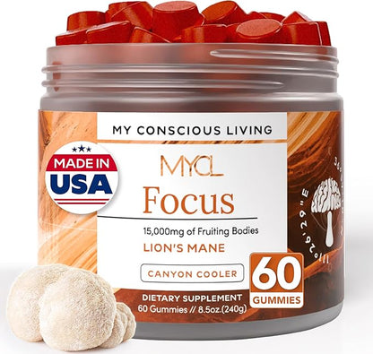 Lion’s Mane Mushroom Gummies for Focus, Memory & Clarity | 500mg Fruiting Body Extract per Serving | Brain Health & Cognitive Support | Organic, Vegan, Gluten-Free | Canyon Cooler Flavor | 30 Servings