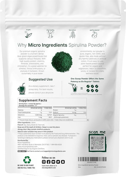 Micro Ingredients Organic Spirulina Powder, 1lb | Blue-Green Algae, Rich in Vegan Protein, Vitamins & Minerals | Source of Natural Chlorophyll & Enzymes | Non-GMO, Gluten-Free, No Additives