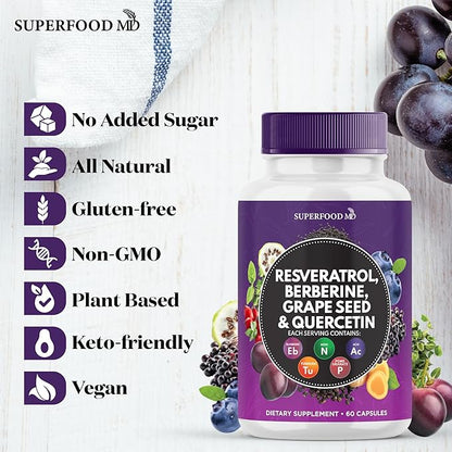 Resveratrol Berberine Grape Seed Extract Quercetin - Polyphenol Supplement with Noni Extract, N-Acetyl Cysteine, Acai Extract - Made in The USA - 180 Capsules