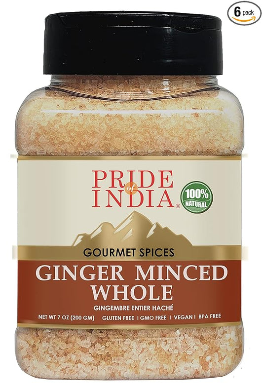 Pride of India - PACK of 6 - Ginger Minced Whole – Gourmet Spice – Rich in Antioxidant – Potent Flavor - Great for Adding Flavor to Stir Fries & Sauces – Easy to Store – 7 oz. Medium Dual Sifter Jar