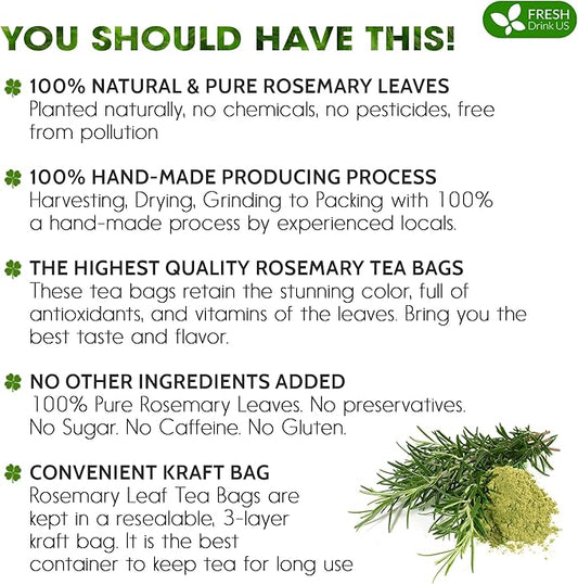 FRESHDRINKUS, Premium 25 Rosemary Leaf Tea Bags, 100% Natural and Pure Rosemary Dried Leaves, Pure Rosemary Herbal Tea, No Additives, No Caffeine, No Gluten, Vegan.