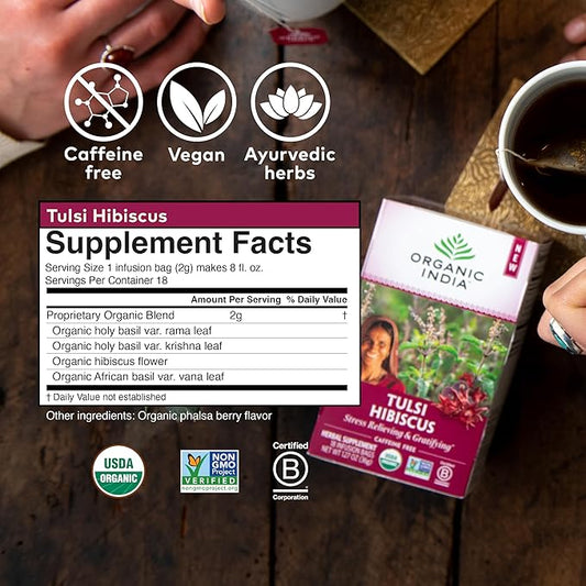 Organic India Tulsi Hibiscus Herbal Tea - Holy Basil, Stress Relieving & Gratifying, Immune Support, Adaptogen, Vegan, USDA Certified Organic, Non-GMO, Caffeine-Free - 18 Infusion Bags, 1 Pack