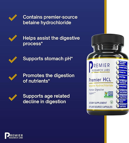 Premier Research Labs Premier HCL - Betaine HCL, Betaine Hydrochloride Supplement for Optimal Digestive Function, Nutrient Absorption, Betaine-HCL for Low Stomach Acid- 90 Vegetarian Capsules
