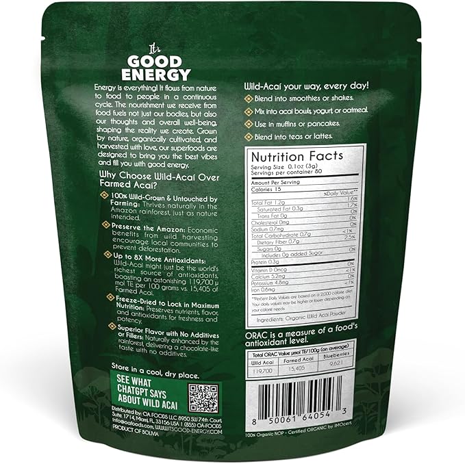 It's Good Energy Organic Amazonian Wild Acaí Powder | Freeze-Dried | 8X More Antioxidants, Rich in Omega 3-6-9 | Non-GMO, Gluten-Free, Keto | No Sugar | Great for Smoothies & Drinks | 8.4oz Pouch