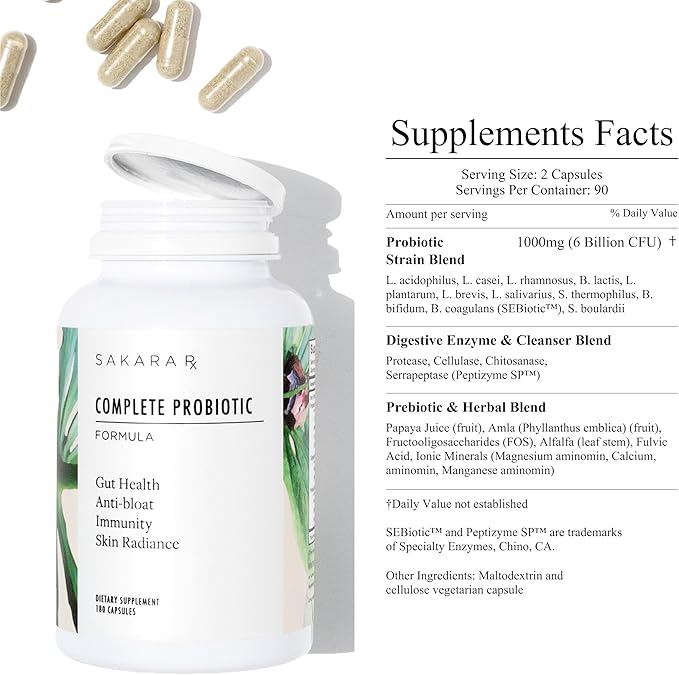 SAKARA Complete Probiotic, 180 Capsules - Probiotics for Women Digestive Health, Gut Health Pre and Probiotics for Women, Prebiotics and Probiotics
