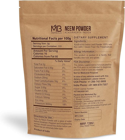 MB Herbals Pure Neem Powder 8 oz | 227 Gram / 0.5 LB Pure Wild-Crafted Neem Leaf Powder | Supplement for Skin and Hair | Azadirachta Indica