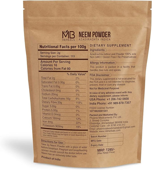 MB Herbals Pure Neem Powder 8 oz | 227 Gram / 0.5 LB Pure Wild-Crafted Neem Leaf Powder | Supplement for Skin and Hair | Azadirachta Indica