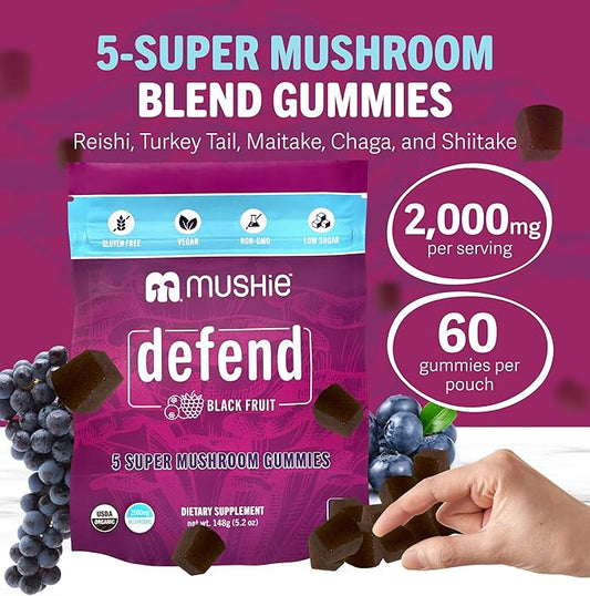 Mushie 100% Organic 5 Super Mushroom Complex Gummies - 2000mg Reishi, Turkey Tail, Maitake, Chaga & Shiitake Blend - Gut Health & Immune Support with Vitamin D - Vegan, Gluten-Free - 60 Count