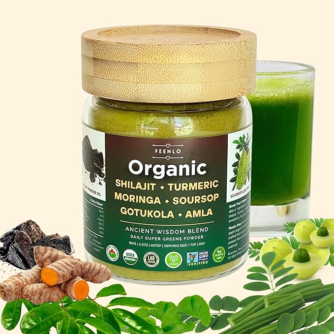 Organic, Non-GMO Moringa, Shilajit, Turmeric, Soursop, Gotukola, and Amla Green Juice Blend Powder, 2-Month Supply, [ Best Before Aug 30, 2028 ]