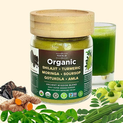 Organic, Non-GMO Moringa, Shilajit, Turmeric, Soursop, Gotukola, and Amla Green Juice Blend Powder, 2-Month Supply, [ Best Before Aug 30, 2028 ]