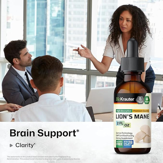 BIO KRAUTER Lions Mane Liquid Extract - Mushroom Supplement for Brain Support - Vegan Lions Mane Supplement - Alcohol & Sugar Free Drops - 2 Fl.Oz.