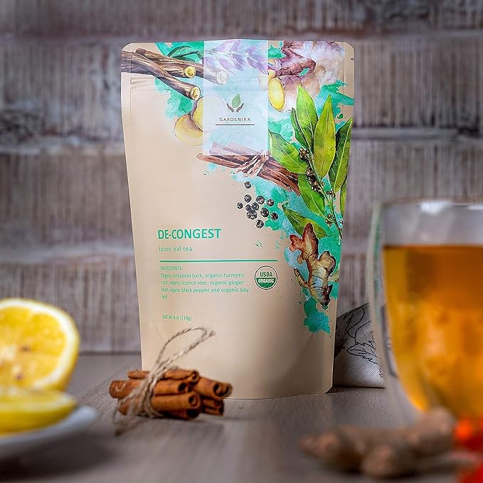 Gardenika Organic Decongest Loose Leaf Tea, Herbal, Caffeine-Free, KSA Kosher, Ayurvedic Blend with Turmeric, Cinnamon, Liquorice, Ginger Root – 4oz (1 Pack)