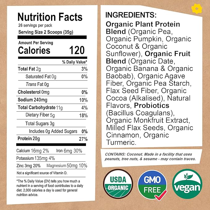Organic Vegan Protein Powder - with Probiotics - Non GMO, Dairy Free, Non Whey, Plant Based Protein Powder for Women and Men, Gluten Free - 26 Servings 32 Oz (Vanilla) No Scoop
