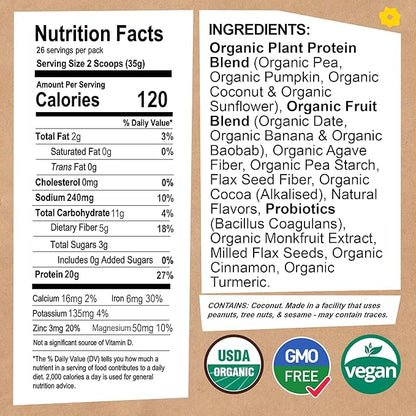 Organic Vegan Protein Powder - with Probiotics - Non GMO, Dairy Free, Non Whey, Plant Based Protein Powder for Women and Men, Gluten Free - 26 Servings 32 Oz (Vanilla) No Scoop