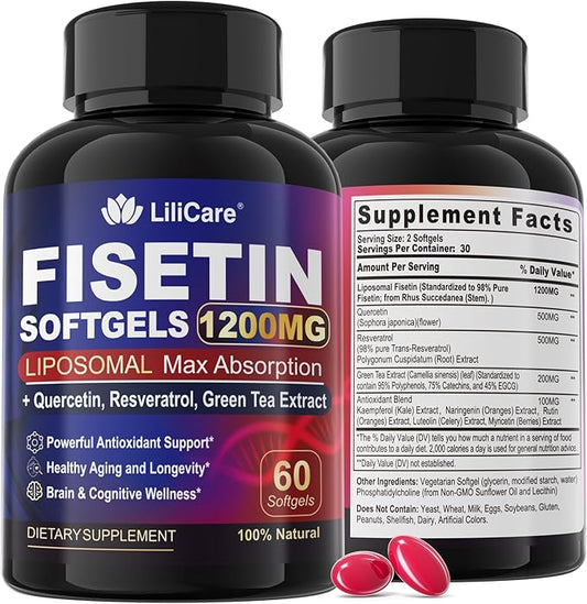 Fisetin Supplement - Liposomal Super Absorption 98% Pure 1200mg with Quercetin, Resveratrol, Green Tea Extract for Healthy Aging & Longevity, Skin Health, Brain & Antioxidant - 60 Softgels