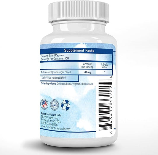 Purethentic Naturals Policosanol 20mg | Supports Cardiovascular & Cholesterol Health* | Free Radical & Antioxidant Protection* | from Pure Sugar Cane with No Unnecessary Fillers | 100 Veg Capsules
