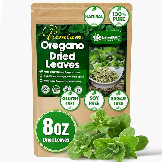 Lavendium, Premium 8 oz Dried Oregano Leaves – 100% Pure, Non-GMO, Gluten-Free, Vegan – Aromatic Herb for Cooking, Seasoning, Sauces, and Pizza – No Additives – Resealable Bag