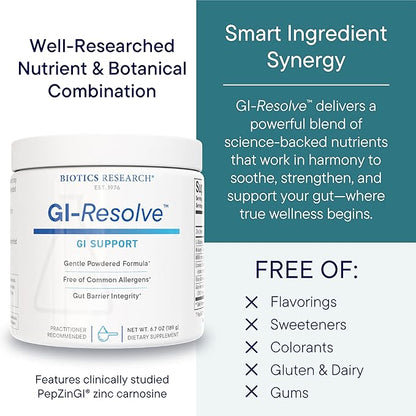 Biotics Research GI Resolve™ Advanced L-Glutamine Powder Formula for Gut Lining Support & Healing - Optimal Gastrointestinal Function - Premium 7-Ingredient with Zinc Carnosine & Botanicals- 6.7oz