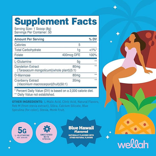 Wellah L-Glutamine Powder Blue Hawaii (50 Servings) - 5g L-Glutamine Per Serving, Sweetened with Stevia