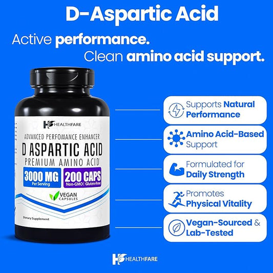 D-Aspartic Acid Capsules 3000mg | 200 Vegan Capsules | Premium Amino Acid Supplement | Naturally Sourced | Non-GMO & Gluten-Free | Made in The USA
