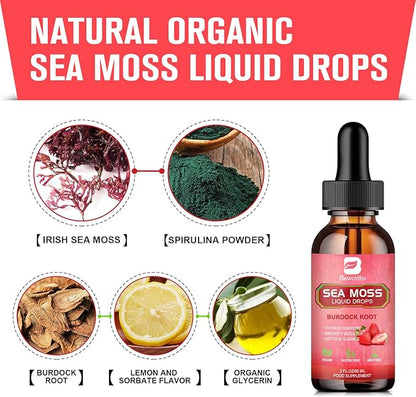 Sea Moss Liquid Drops - Organic Irish Sea Moss Gel with Spirulina, Bladderwrack, Burdock Root, Seamoss Gel Supplement for Joint, Gut Cleanse & Digestion Support - 2 Fl Oz, Vegan