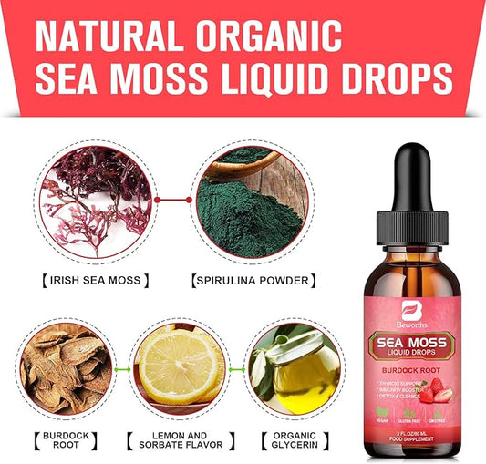 Sea Moss Liquid Drops - Organic Irish Sea Moss Gel with Spirulina, Bladderwrack, Burdock Root, Seamoss Gel Supplement for Joint, Gut Cleanse & Digestion Support - 2 Fl Oz, Vegan