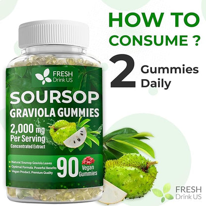 FRESHDRINKUS, Premium 90 Soursop Graviola Gummies, 2000mg per Serving, 45 Days Supply – 100% from Natural Soursop Graviola Leaves Extract, Vegan, Non-GMO, Gluten-Free (90 Gummies)