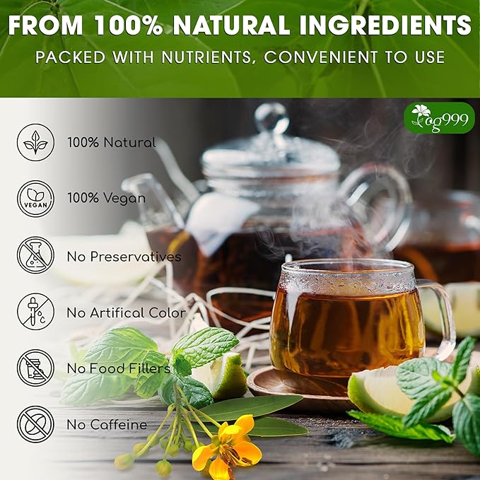 TOG999 60 Tea Bags Relieves Constipation Natural Tea, Blend of Senna Leaves - Peppermint - Licorice - Fennel, 100% Natural Ingrendients, Hand-made Herbal Tea, No Sugar, No Caffeine, No Gluten, Vegan.