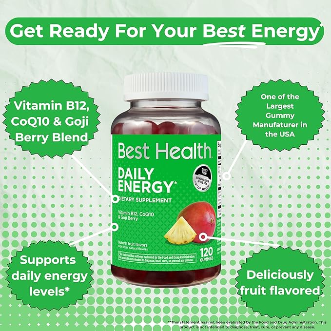 Daily Energy Gummies*, Daily Energy Vitamins with B12, CoQ10 & Goji Berry, Caffeine Free Vitamins for Adults, Natural Fruit Flavor(120ct)