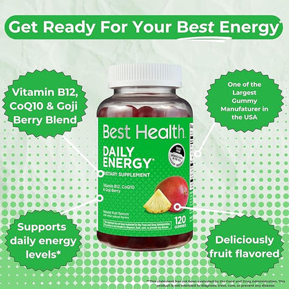 Daily Energy Gummies*, Daily Energy Vitamins with B12, CoQ10 & Goji Berry, Caffeine Free Vitamins for Adults, Natural Fruit Flavor(120ct)
