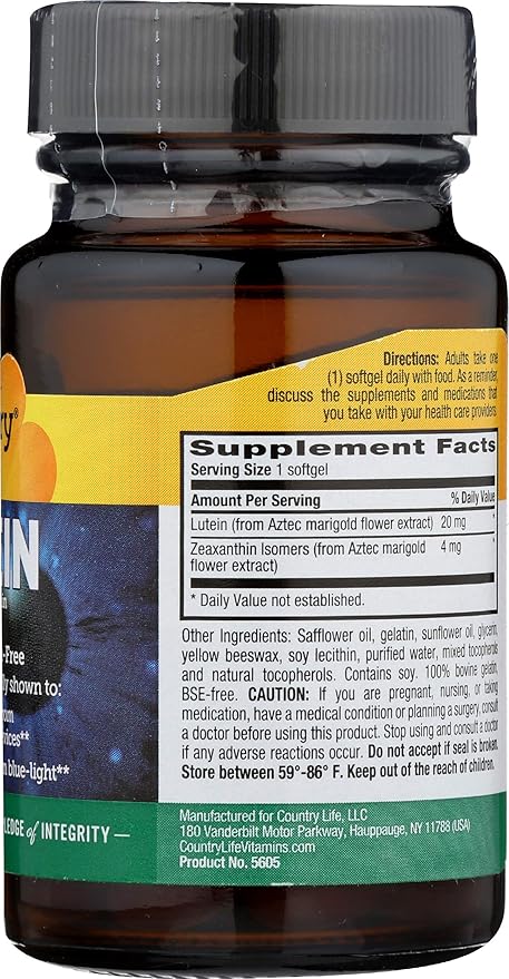 Country Life Lutein 20 mg Supplement - Certified Gluten-Free - Eye Health Support with Lutein and Zeaxanthin - Reduces Eye Strain from Screens - No Yeast, Corn, Wheat, Milk - 60 Softgels