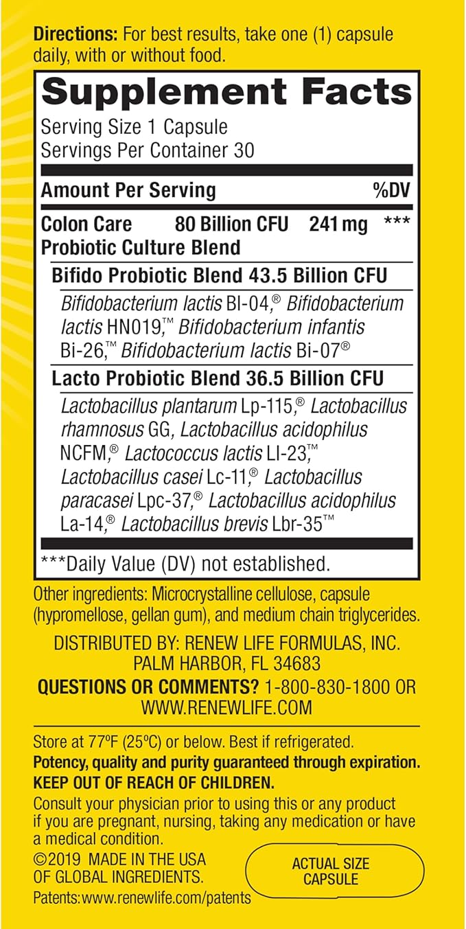 Renew Life Probiotic Colon Care Probiotic Capsules, Daily Supplement Offers Colon Support, L. Rhamnosus GG, Dairy, Soy and gluten-free, 80 Billion CFU, 30 Count