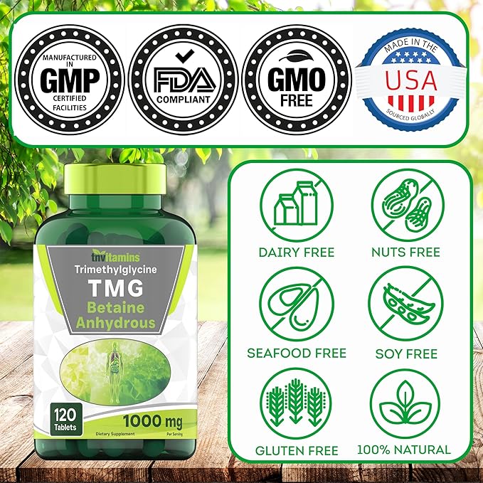 TMG Supplement 1000mg (Betaine Anhydrous) 120 Tablets | Better Than Betaine HCL* | Homocysteine Support* | Trimethylglycine | Non-GMO, Made in The USA!