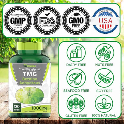 TMG Supplement 1000mg (Betaine Anhydrous) 120 Tablets | Better Than Betaine HCL* | Homocysteine Support* | Trimethylglycine | Non-GMO, Made in The USA!