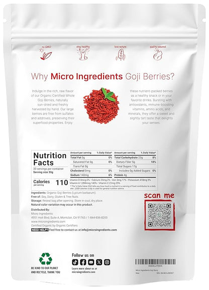 Organic Goji Berries, 32 Ounces | 100% Natural Sun-Dried Whole Fruit | Sulfate & Additive Free | Large Berry Form, Great Flavor for Drinks, Snacks, & Beverages | Non-GMO & Vegan