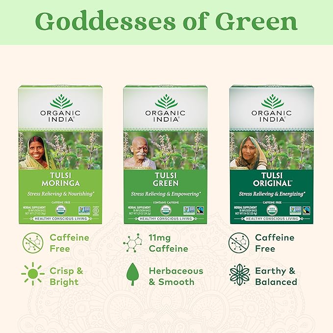 Organic India Tulsi Green Herbal Tea - Holy Basil, Stress Relieving & Empowering, Immune Support, Vegan, USDA Certified Organic, Premium Darjeeling Green Tea, Caffeinated - 18 Infusion Bags, 1 Pack