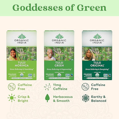 Organic India Tulsi Green Herbal Tea - Holy Basil, Stress Relieving & Empowering, Immune Support, Vegan, USDA Certified Organic, Premium Darjeeling Green Tea, Caffeinated - 18 Infusion Bags, 1 Pack