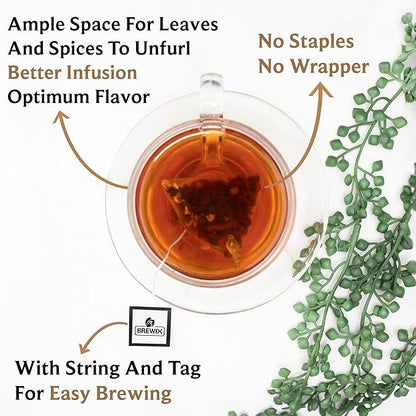 BREWIX, Masala Chai Tea Bags (50 Pyramid Tea Bags) Strong, Robust & Spicy - Pure Ingredients | Black Tea, Cinnamon, Ginger, Black Pepper, Cardamom & Cloves, Packed in Resealable Ziplock Pouch