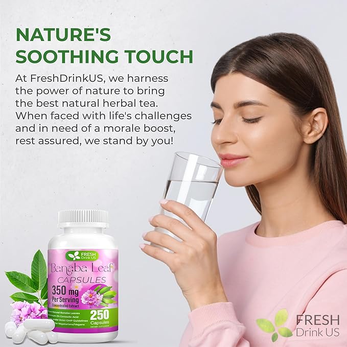 FRESHDRINKUS, 250 Banaba Capsules| High Potency Standardized| 100% from Natural Banaba Leaves Extract| 350mg per Capsule| 350mg per Serving| 250 Days Supply| Vegan Capsules| Non-GMO, Gluten-Free