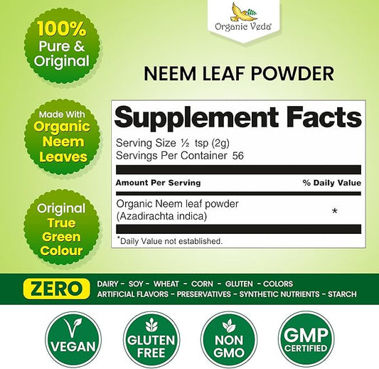 Organic Veda Neem Leaf Powder - Gentle Dried Organic Neem Leaves Powder - Herbal Supplement for Skin, Gut Cleanse & Immune Support - Non-GMO, Gluten-Free, Vegan – 4 oz