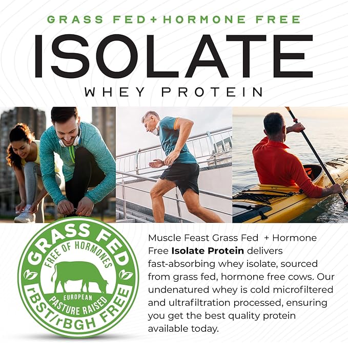 Muscle Feast Grass-Fed Whey Protein Isolate, All Natural Hormone Free Pasture Raised, Whey Isolate Protein Powder for Men and Women, Clean, Gluten-Free, Delicious Isolate Protein - Vanilla, 2lb