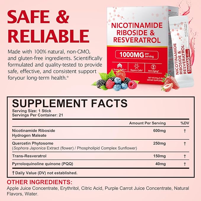 1000MG High-Pontency Liposomal NAD+ Liquid Supplement with Resveratrol & Quercetin, High Purity-Supports Cellular Longevity, Anti-Aging, Energy Metabolism | 21 Packets