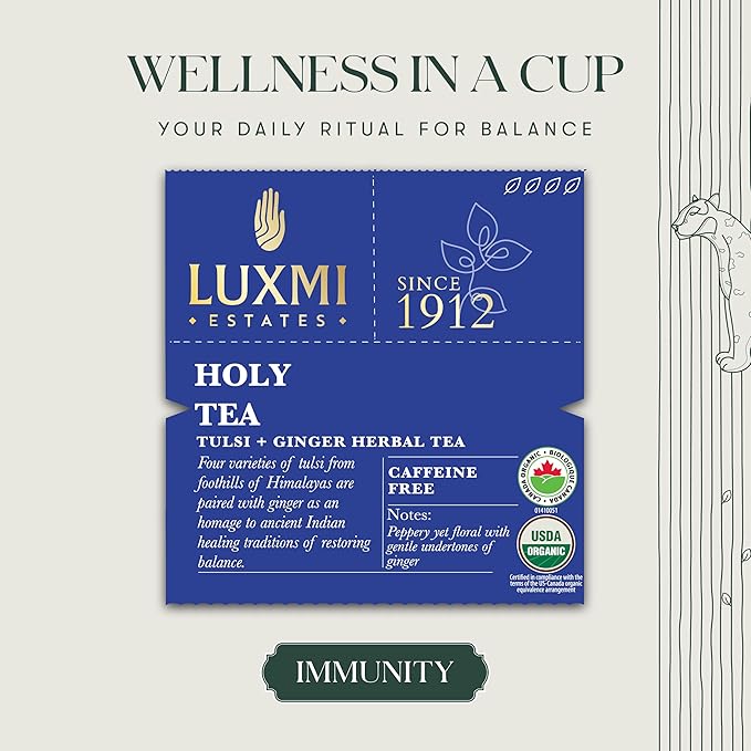 Luxmi Estates, Organic Tulsi Tea, 50 Tea Bags, Caffeine Free, Non-GM and Organic, for Immunity, Inflammation, and Stress Relief