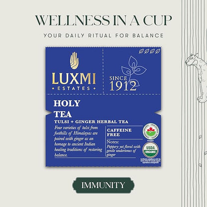 Luxmi Estates, Organic Tulsi Tea, 50 Tea Bags, Caffeine Free, Non-GM and Organic, for Immunity, Inflammation, and Stress Relief
