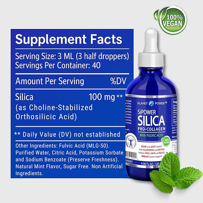 SiPower Silica Vegan Collagen, Supplement Drops-Liquid Mineral Orthosilicic Acid (CH-OSA) + Fulvic Acid. Natural Collagen Booster for Joints, Bones, Hair, Skin, Nails, Immune & Digestive Health-4oz