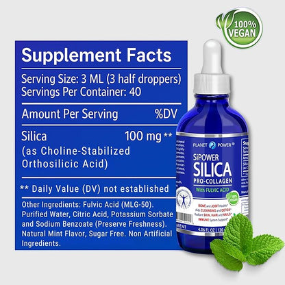 SiPower Silica Vegan Collagen, Supplement Drops-Liquid Mineral Orthosilicic Acid (CH-OSA) + Fulvic Acid. Natural Collagen Booster for Joints, Bones, Hair, Skin, Nails, Immune & Digestive Health-4oz