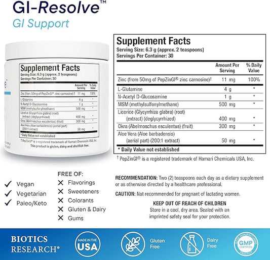 Biotics Research GI Resolve™ Advanced L-Glutamine Powder Formula for Gut Lining Support & Healing - Optimal Gastrointestinal Function - Premium 7-Ingredient with Zinc Carnosine & Botanicals- 6.7oz