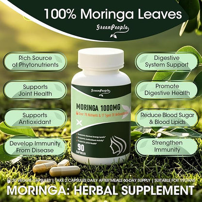 Moringa Capsules,Rich Moringa Powder with Turmeric & Ginger,A Natural Green Antioxidant Superfood - Supports Energy,Skin Health,Gut Health,60pcs 2packs