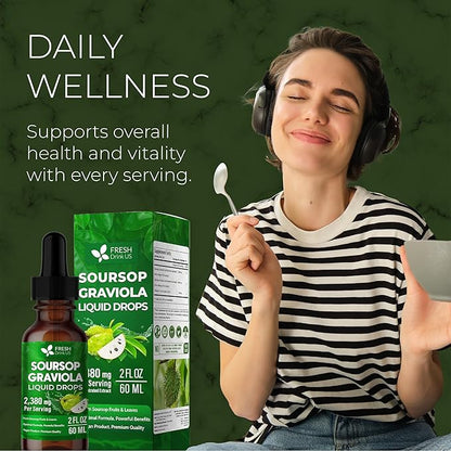 FRESHDRINKUS, Premium 2 fl oz Soursop Graviola Extract Liquid, 60ml Soursop Extract Liquid, 30 Days Supply – 100% from Natural Soursop Leaves and Fruit Extract, Vegan, Non-GMO, Gluten-Free (2 fl oz)
