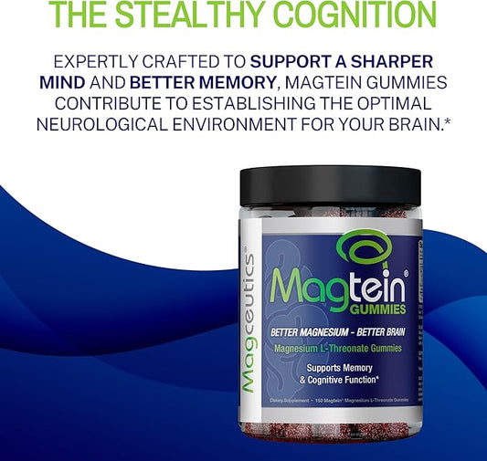 Magtein Gummies - Magnesium L-Threonate Gummy, Brain Support, Focus Supplement, Boost Memory & Cognitive Function - 150 Vegan Gummies